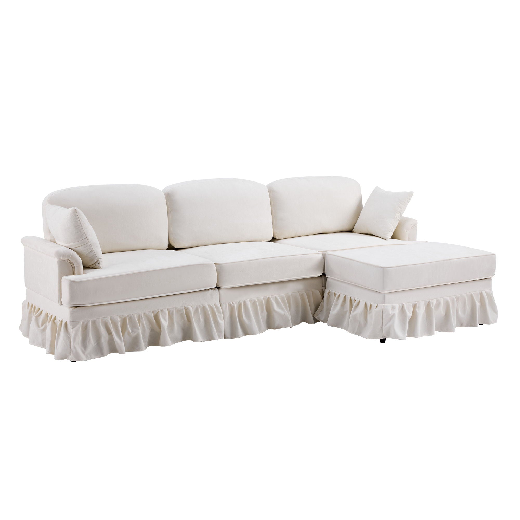 L-Shaped Sectional Sofa With Removable Ruffled Skirt, Flared Arms, Ottoman - White