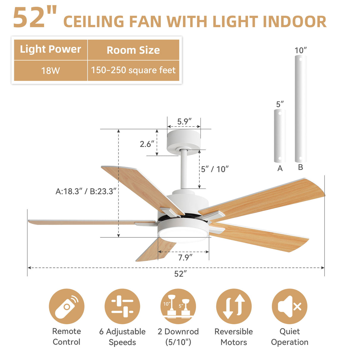 Reversible DC Motor Ceiling Fan With Dimmable LED Light For Living Room