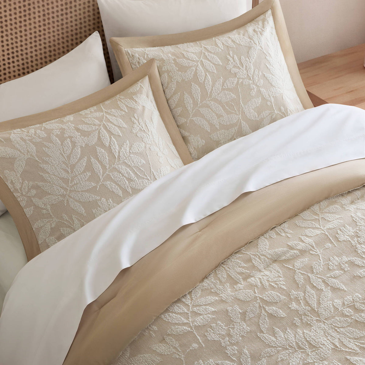 Solace Leaf - King/California King 3-Piece Cotton Blend Botanical Jacquard Comforter Set - Beige