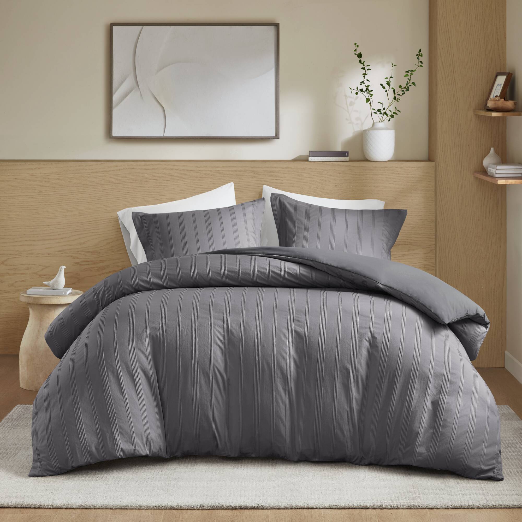Logan - Queen Striped Duvet Set - Charcoal