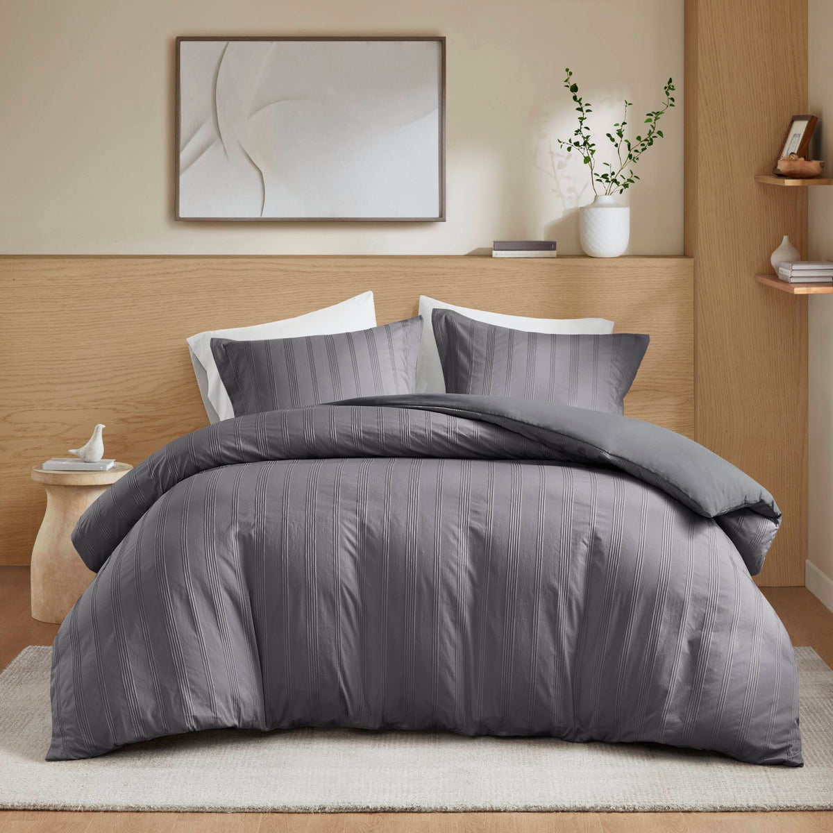 Logan - California King Striped Duvet Set - Charcoal