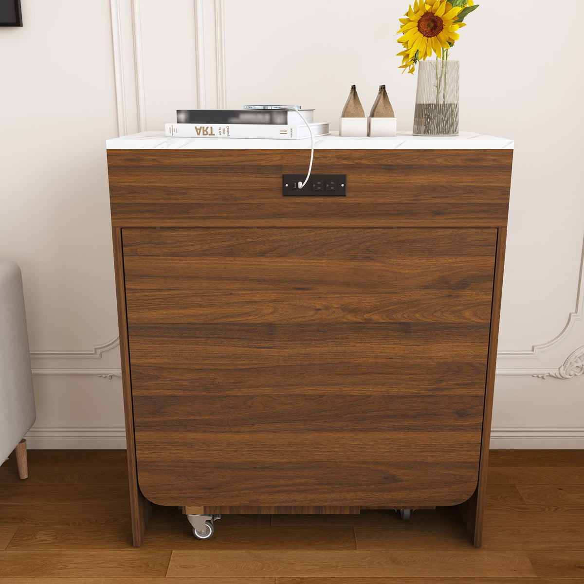 Extendable Dining Table With Power Socket, Lockable Casters, Storage Cabinet