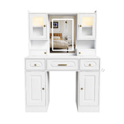 Large Vanity Table Set With Mirror, 6 Drawers & Shelves, Power Socket, Hair Dryer Holder, Cabinet Light, Dressing Desk - White