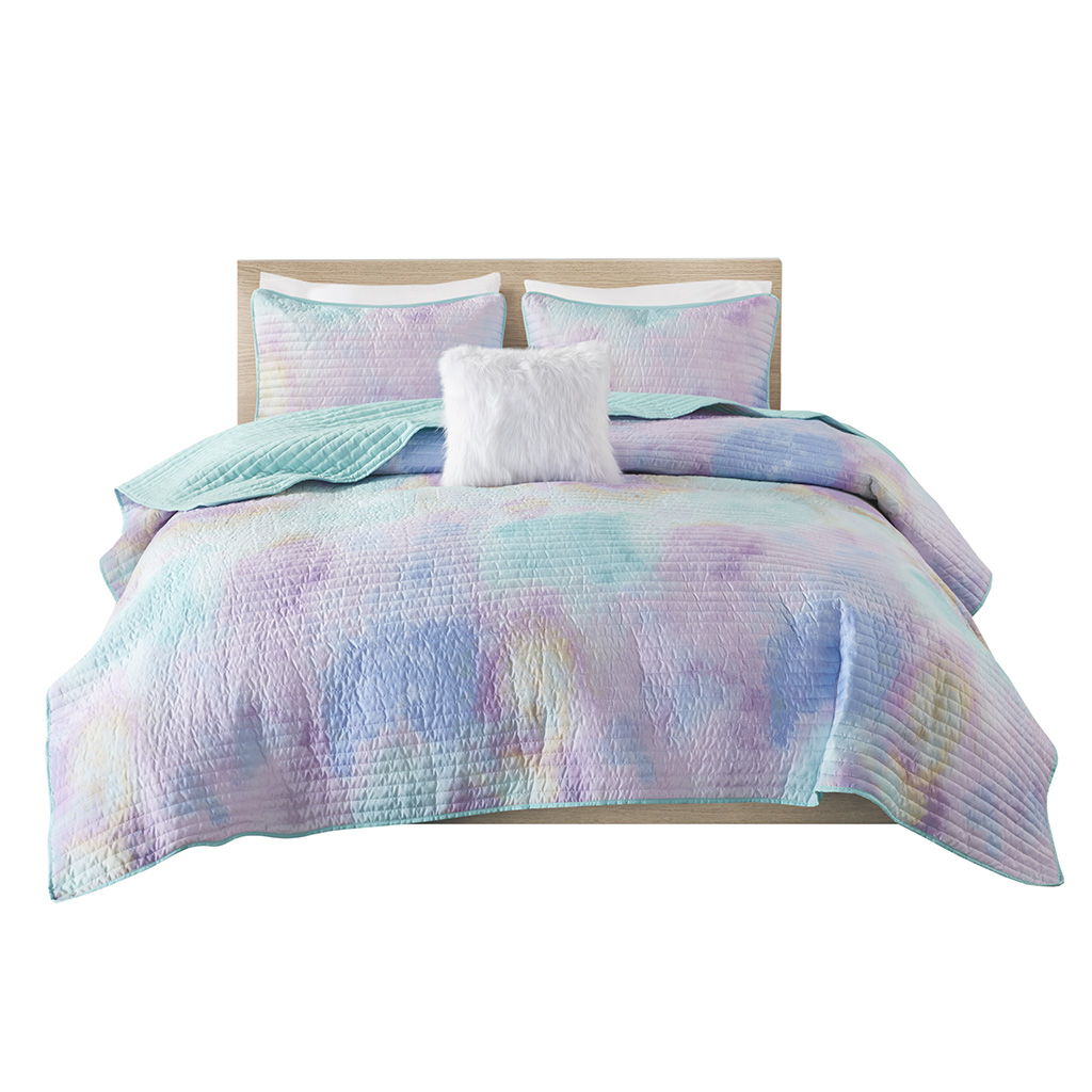 Cassiopeia - Watercolor Tie Dye Printed Quilt Set With Throw Pillow - Light Blue