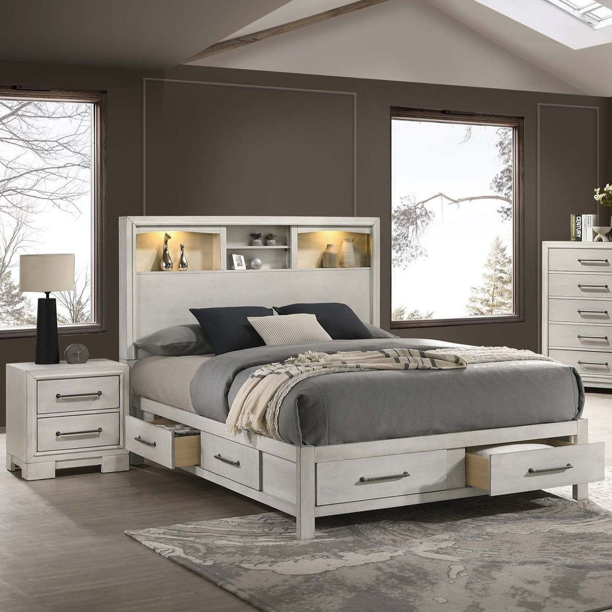 Bed Set With Storage Drawers, Open Shelves, And Built In LED Lighting