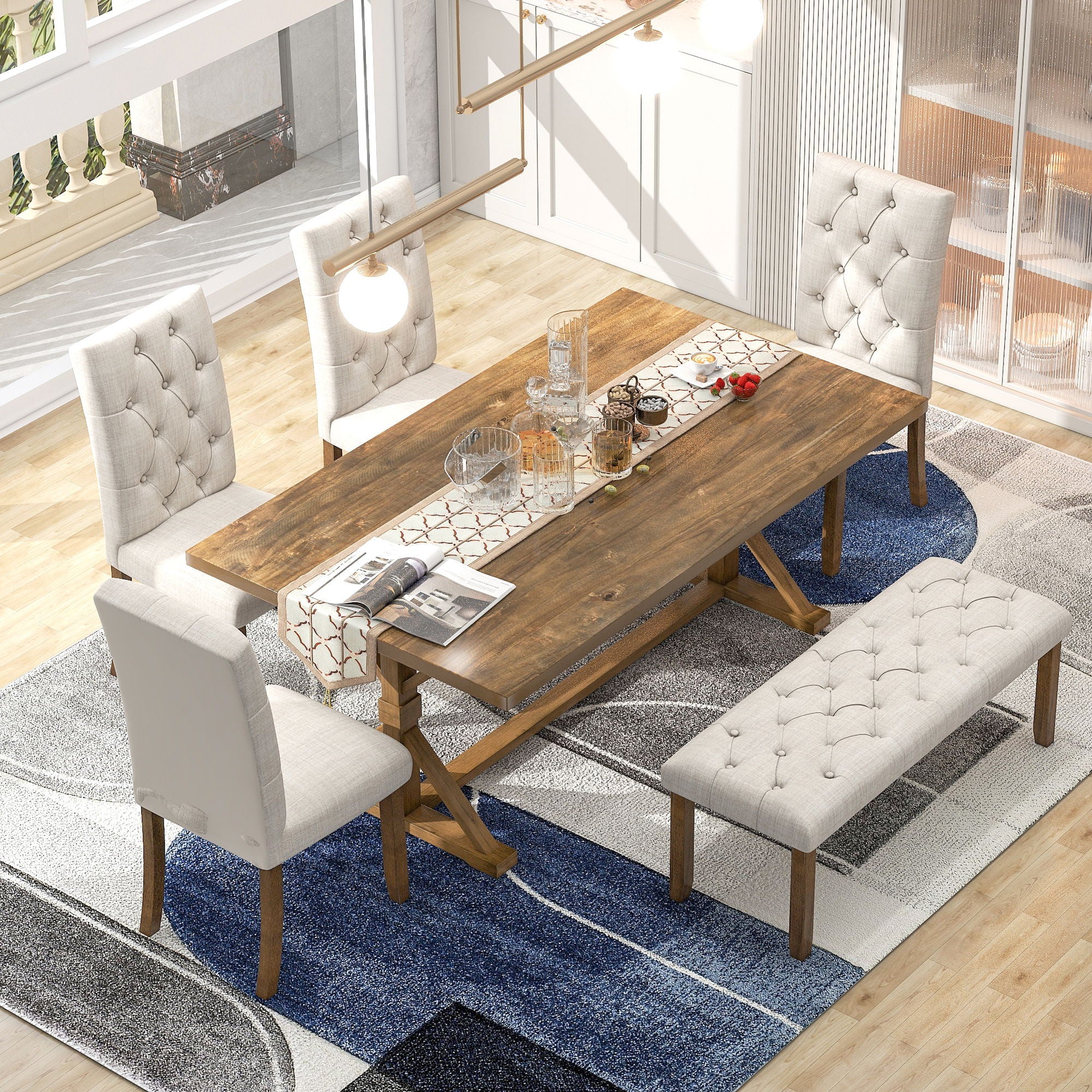 6 Piece Dining Table Set With Rectangular Wood Table, 4 Upholstered Chairs, Bench