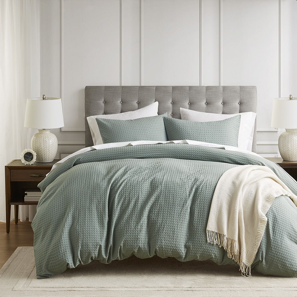 Mina - King/California King Waffle Weave Textured Duvet Cover Set - Sage Green