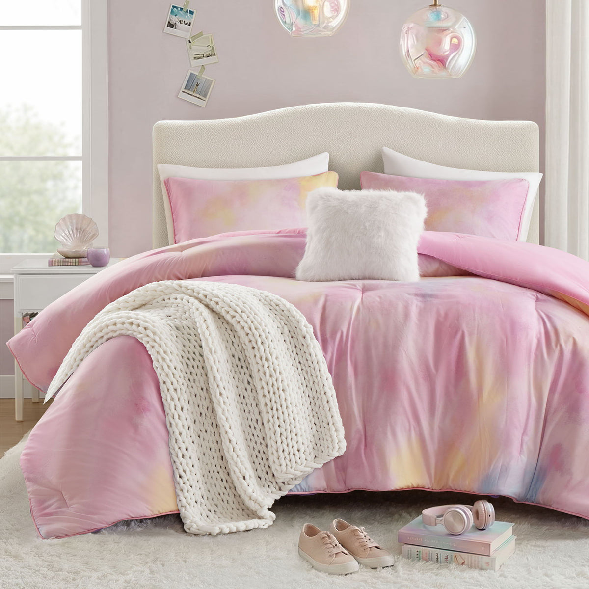 Cassiopeia - Full/Queen Watercolor Tie Dye Printed Comforter Set With Throw Pillow - Pink