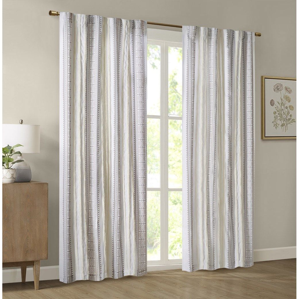 Samara - 50x84" Poly Printed Curtain Panel With Tufted Stripe And Lining - White / Brown