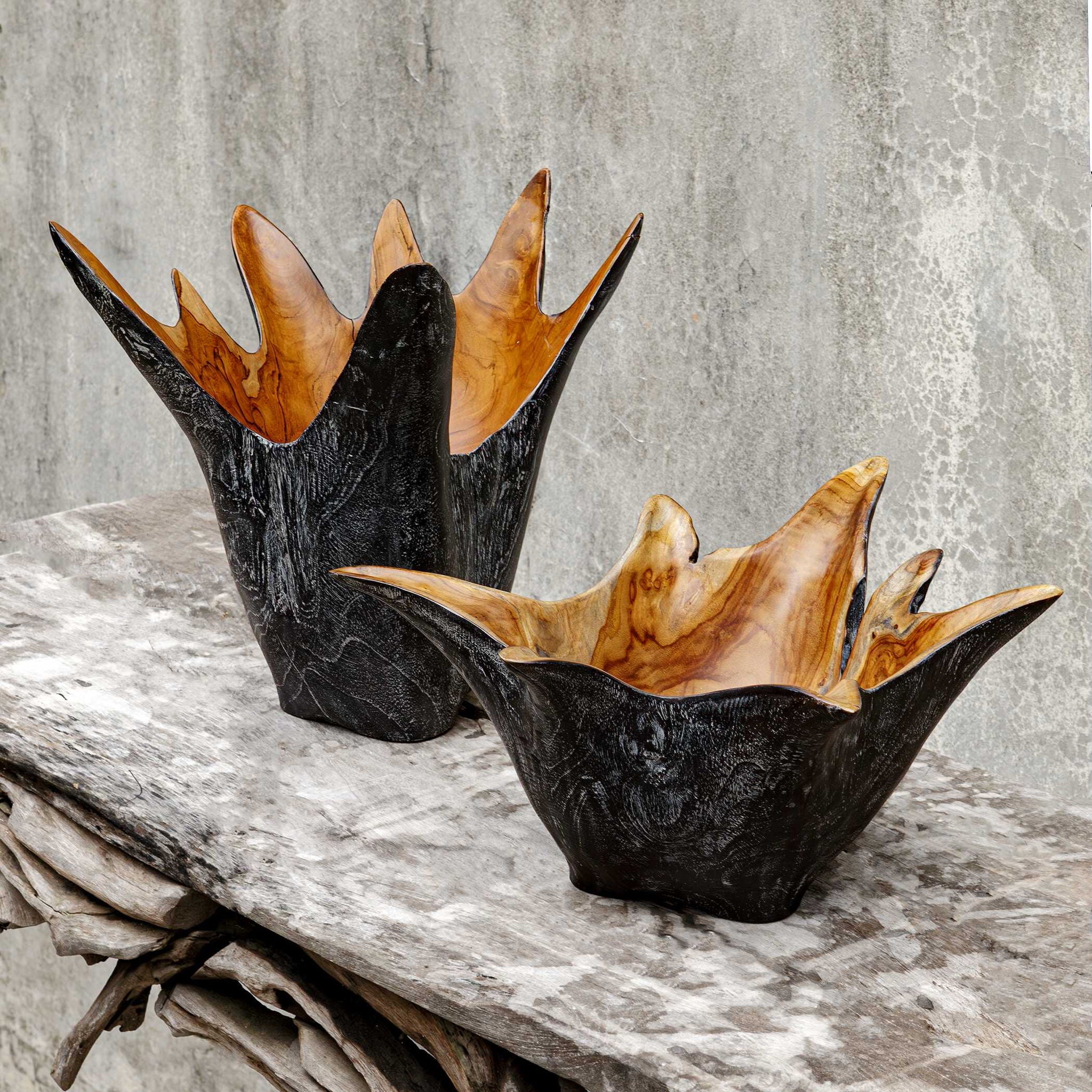 Starpetal - Indoor-Outdoor Wooden Bowls (Set of 2) - Black / Woodtone