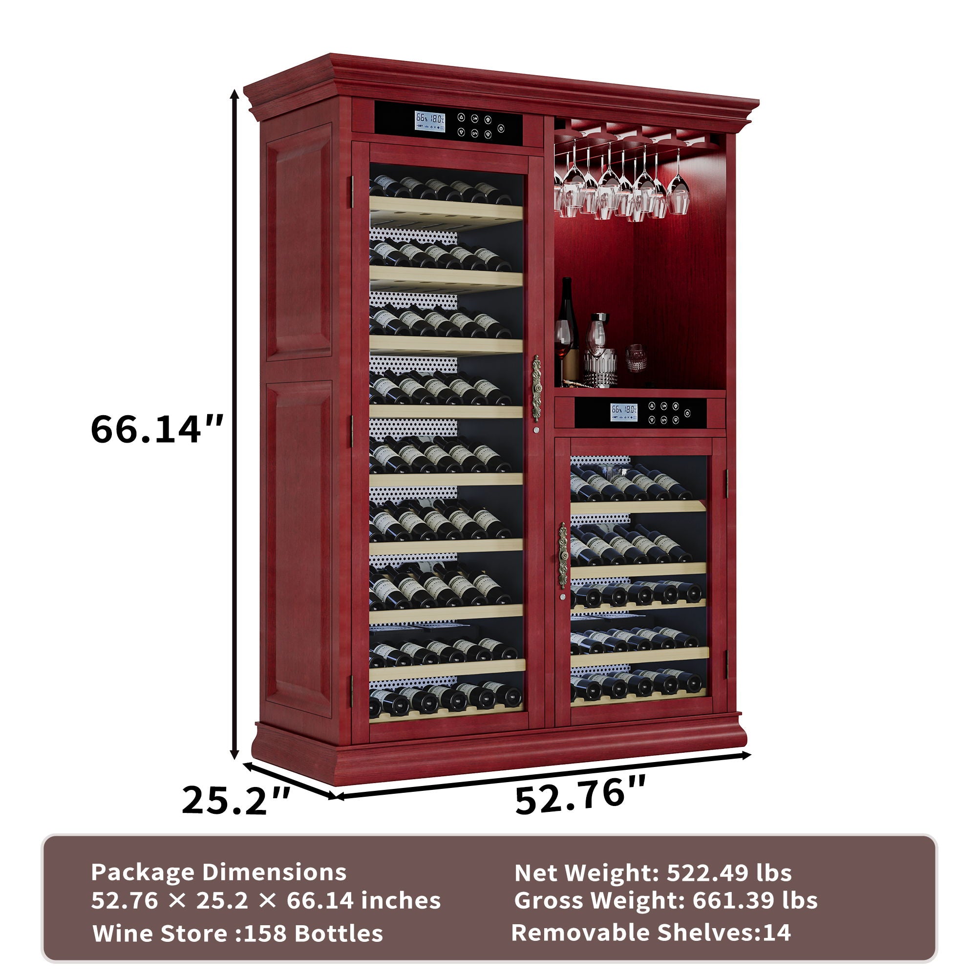 Wine Cooler With Dual Zone Temperature Control, Vacuum Insulated Door, LED Lighting, 158 Bottle Capacity - Cherry