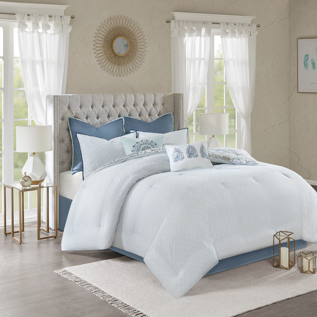 Isla - King 8 Piece Printed Reversible Comforter Set - Blue