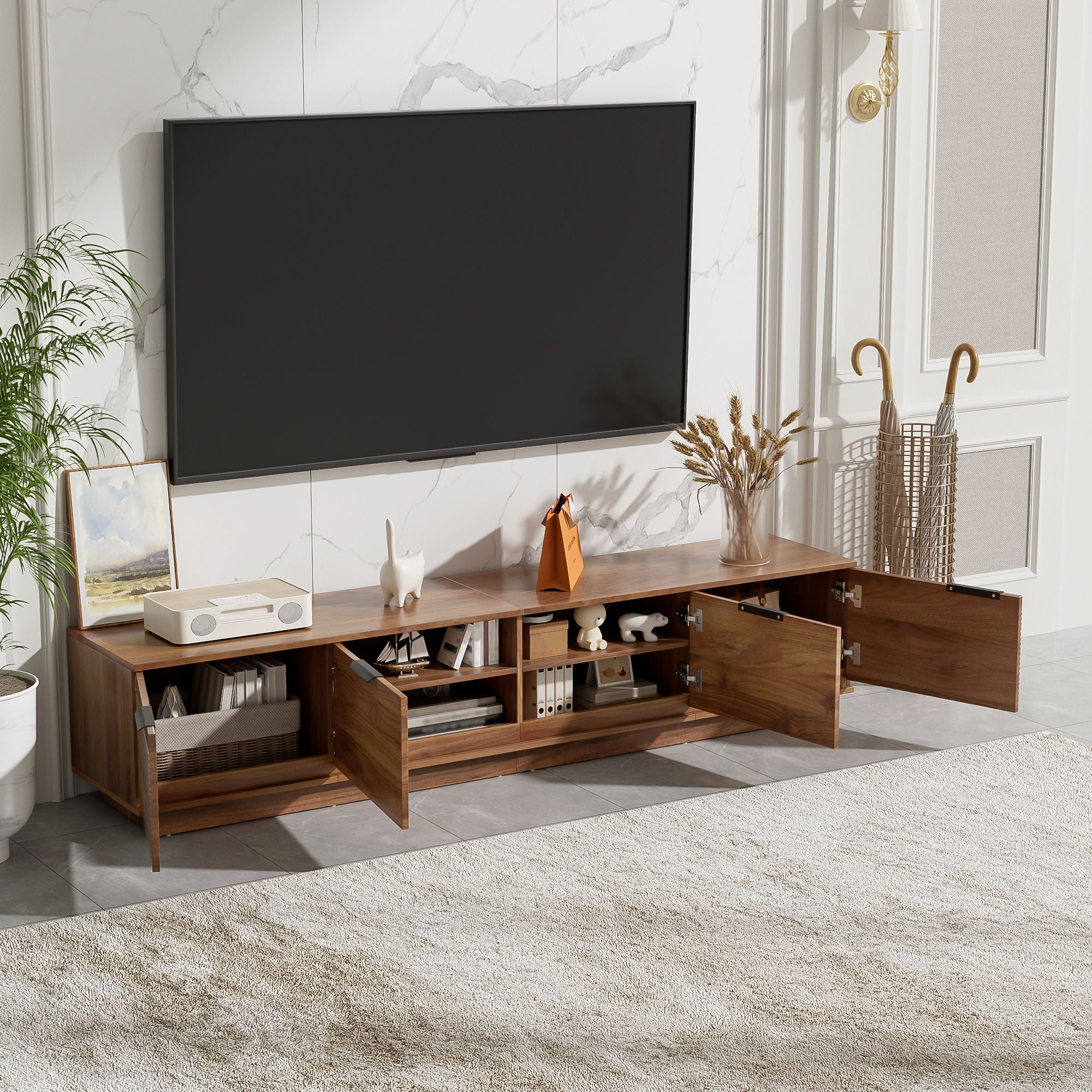 TV Stand, Entertainment Center & Fluted Door & Cable Management, Soft Closing Hinges - Walnut