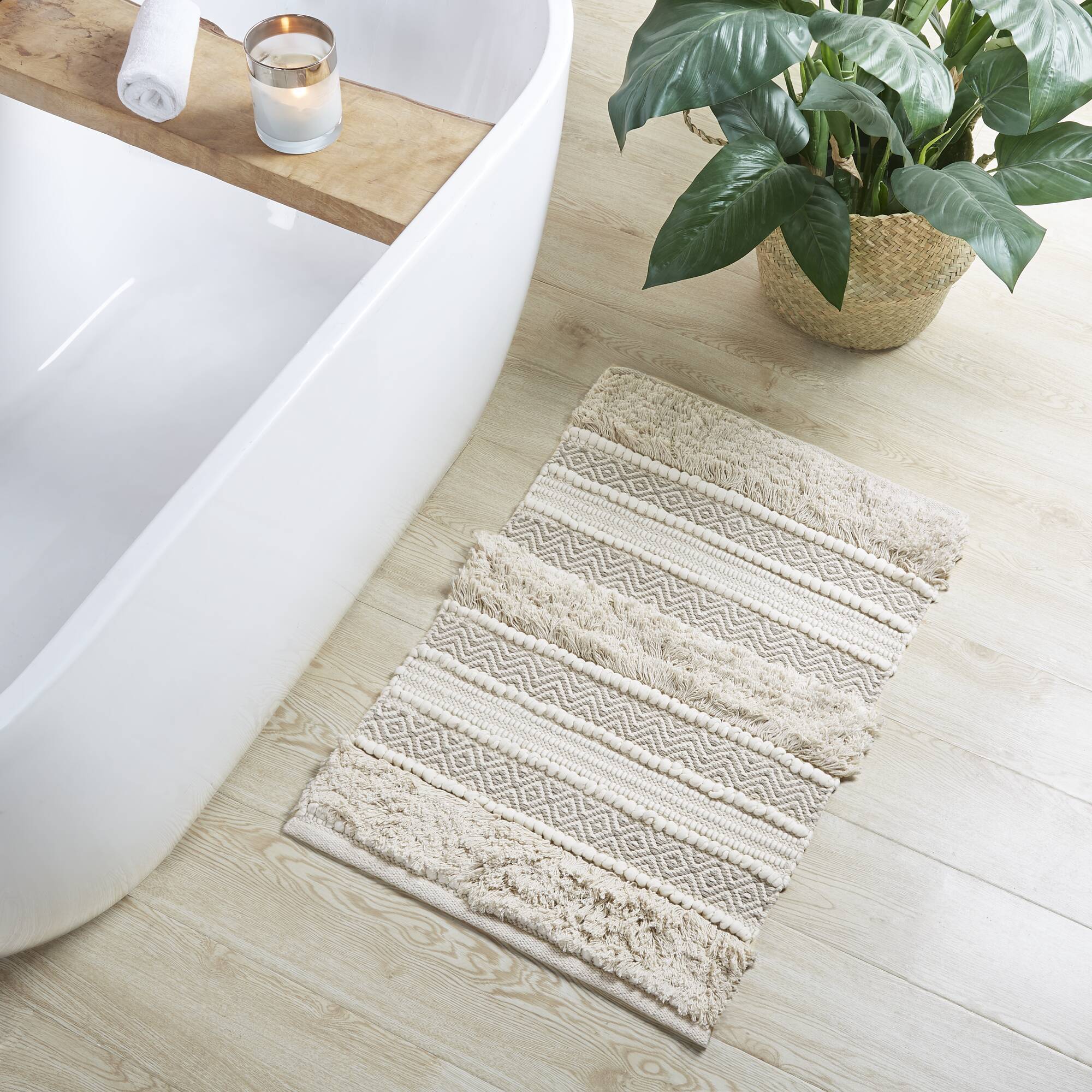Asher - 22" x 58" Woven Texture Stripe Bath Rug - Natural