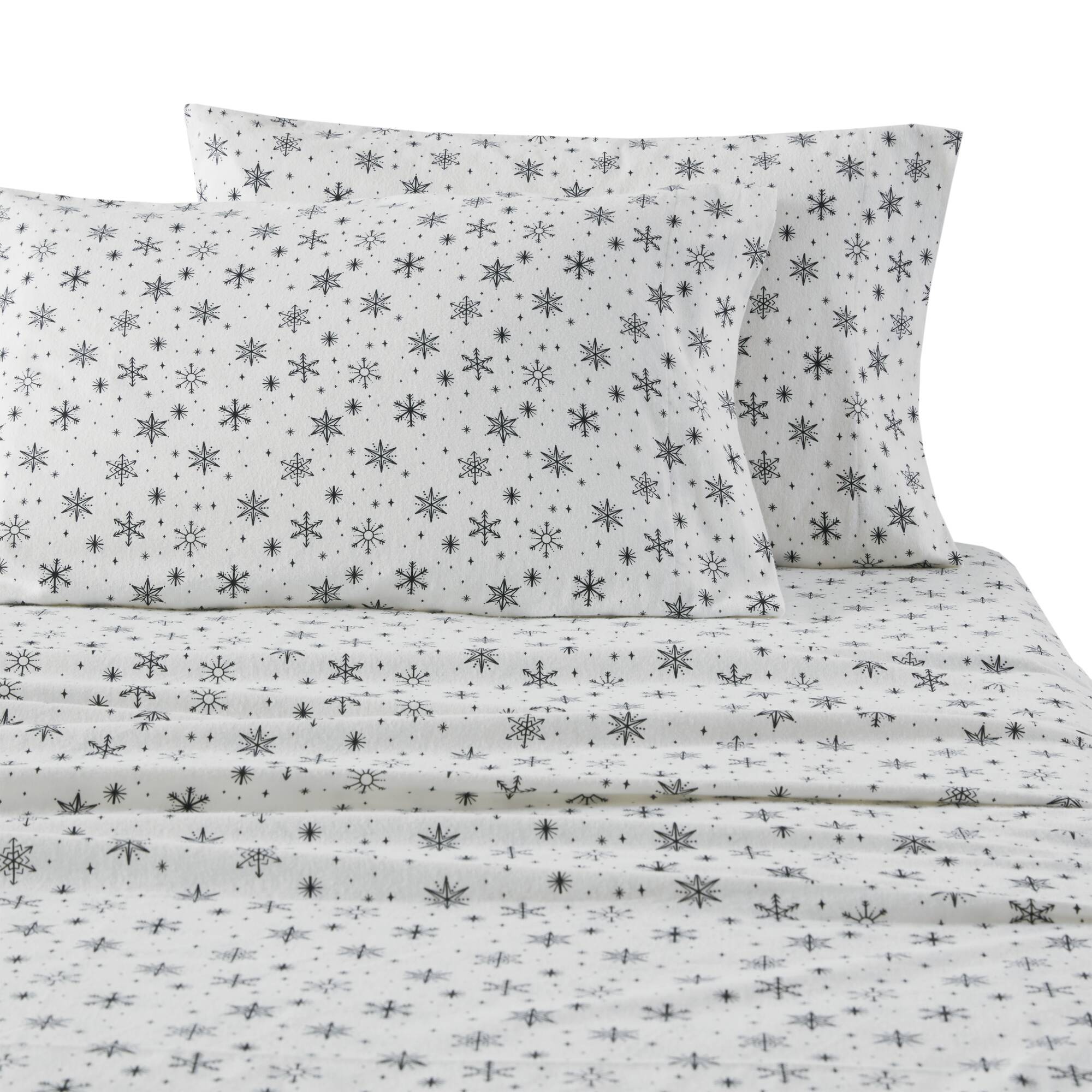 Cozy Cotton Flannel - California King Printed Sheet Set - Black Snowflakes