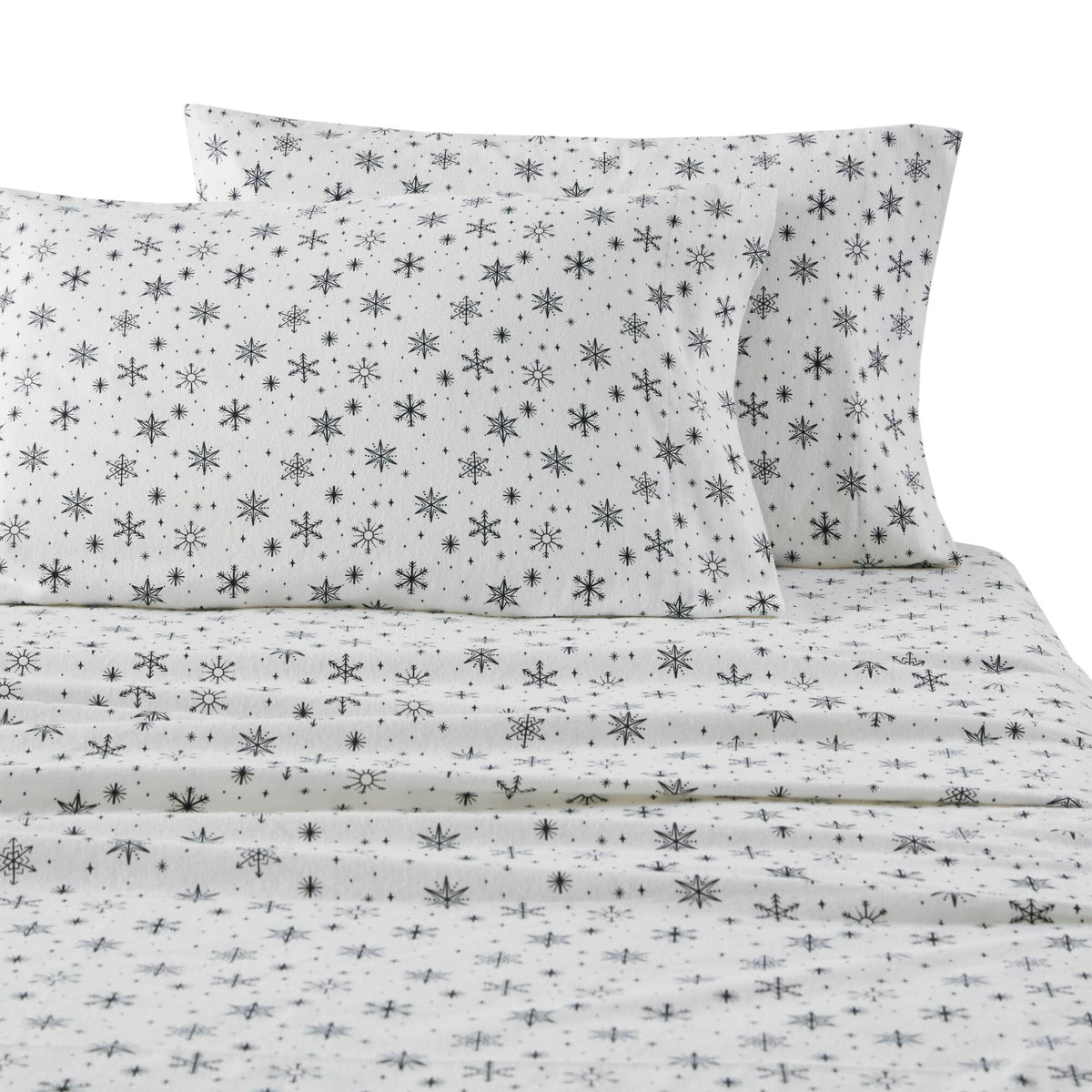 Cozy Cotton Flannel - Full Printed Sheet Set - Black Snowflakes