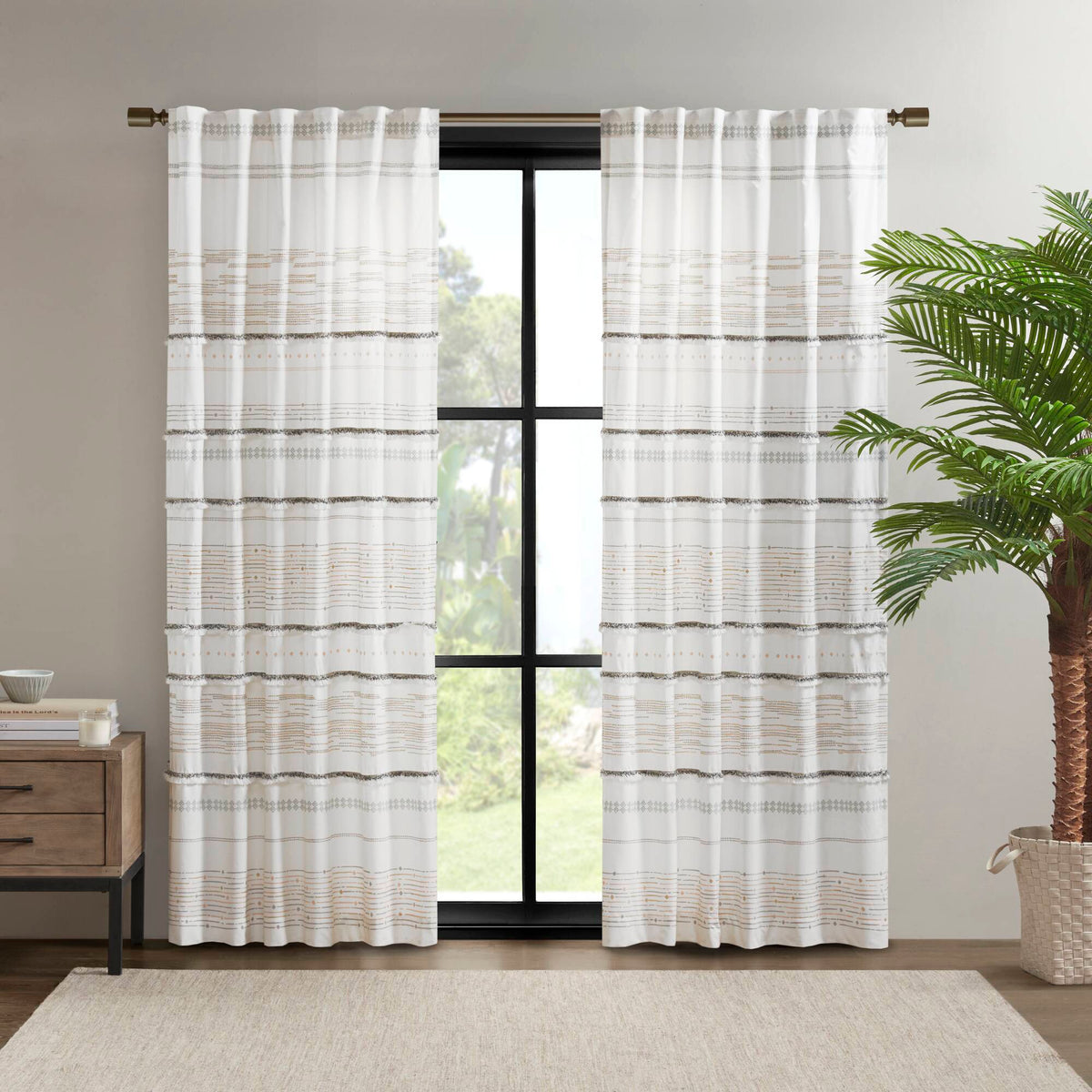 Nea - Printed Window Panel With Tassel Trim And Lining - Off White / Gray