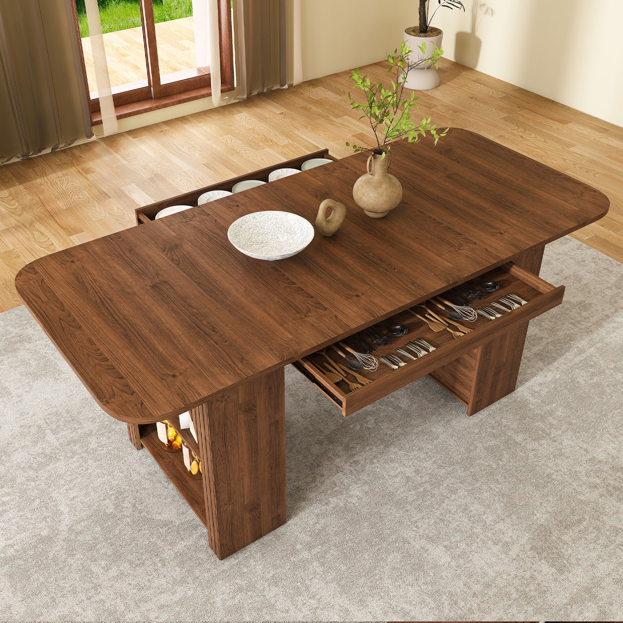 Dining Table With Drawers & Open Storage - Walnut