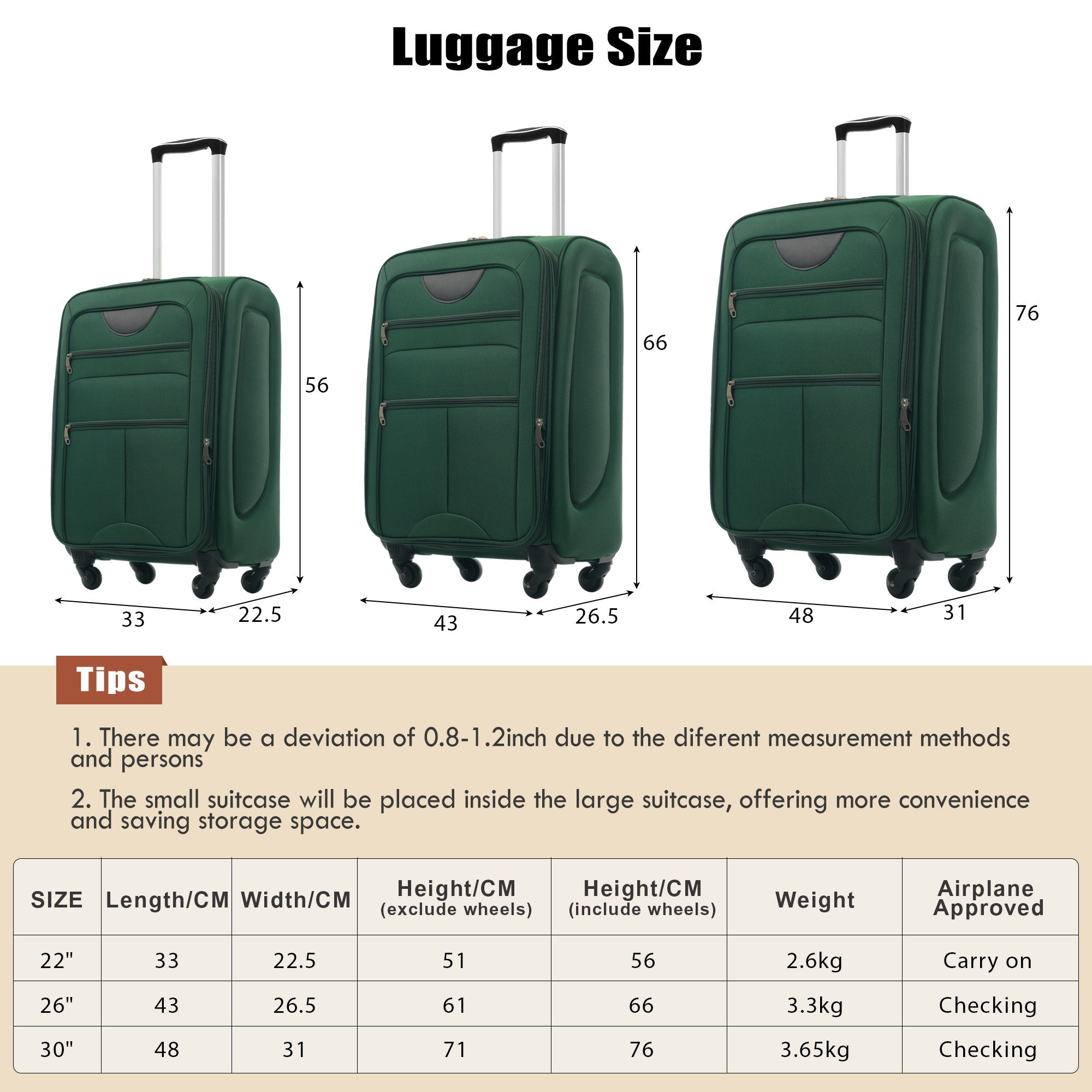 Softside Luggage Expandable 3 Piece Set Upright Spinner Lightweight Suitcase