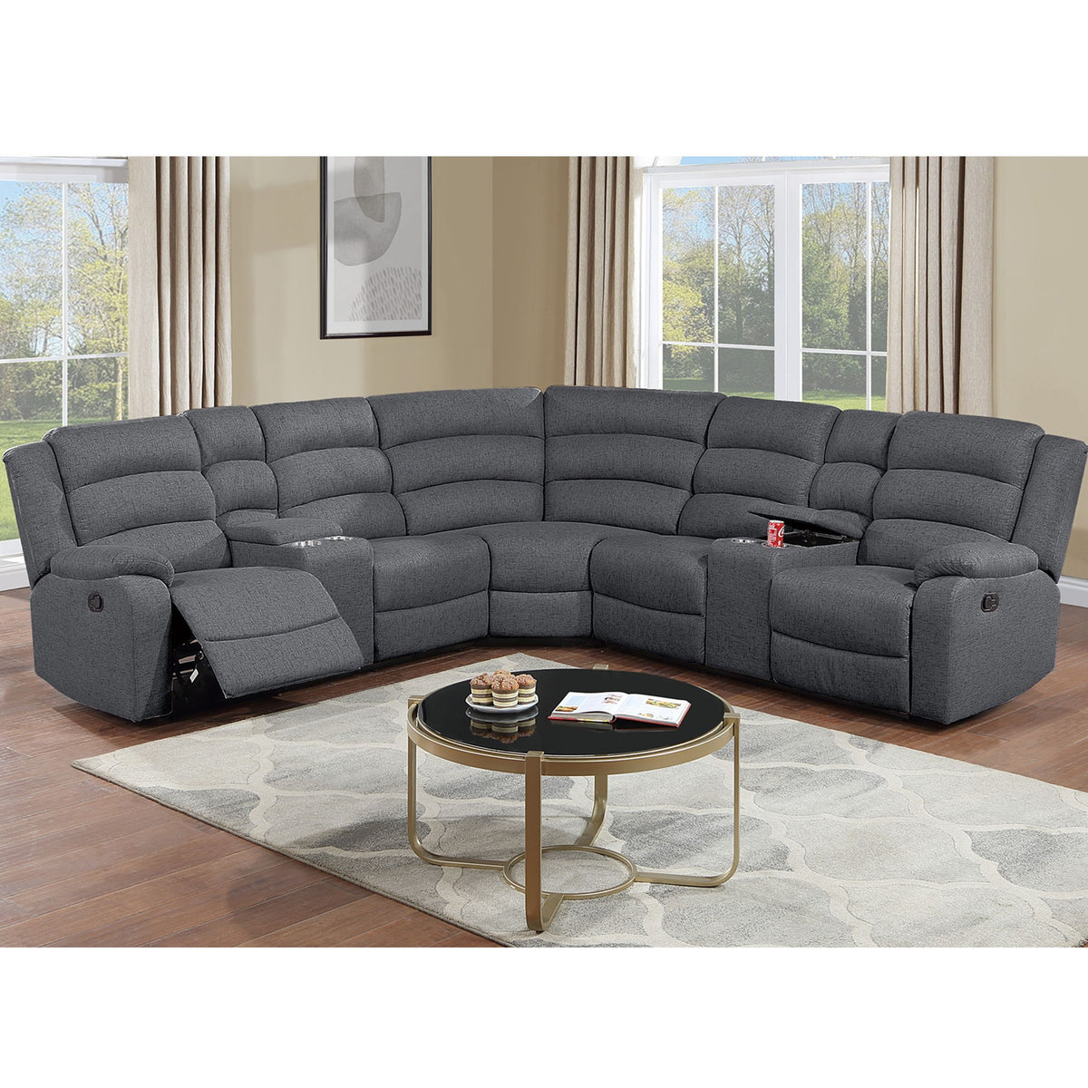 Manual Motion Reclining Loveseat 3 Piece Sectional Set With Console Storage And Cup Holders