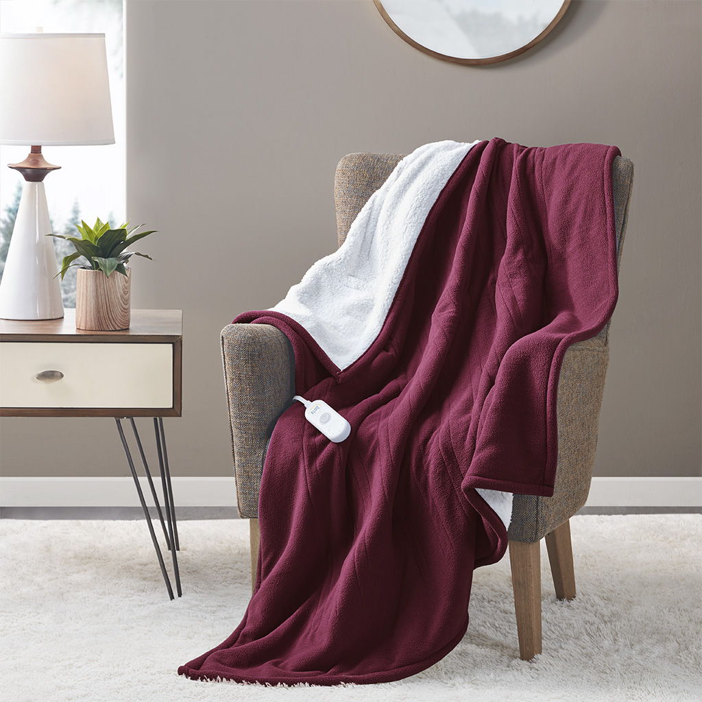 Fleece to Sherpa - Heated Throw - Burgundy