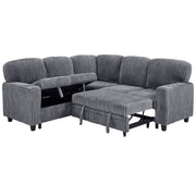 L-Shaped Sectional Sofa Bed With Pull Out Bed & Storage, 5 Seat Sleeper Couch With USB Charging For Living Room - Gray