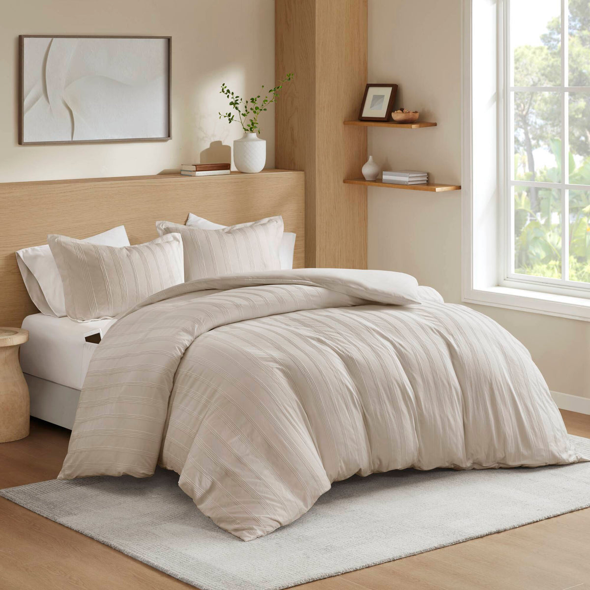 Logan - Queen Striped Duvet Set - Neutral
