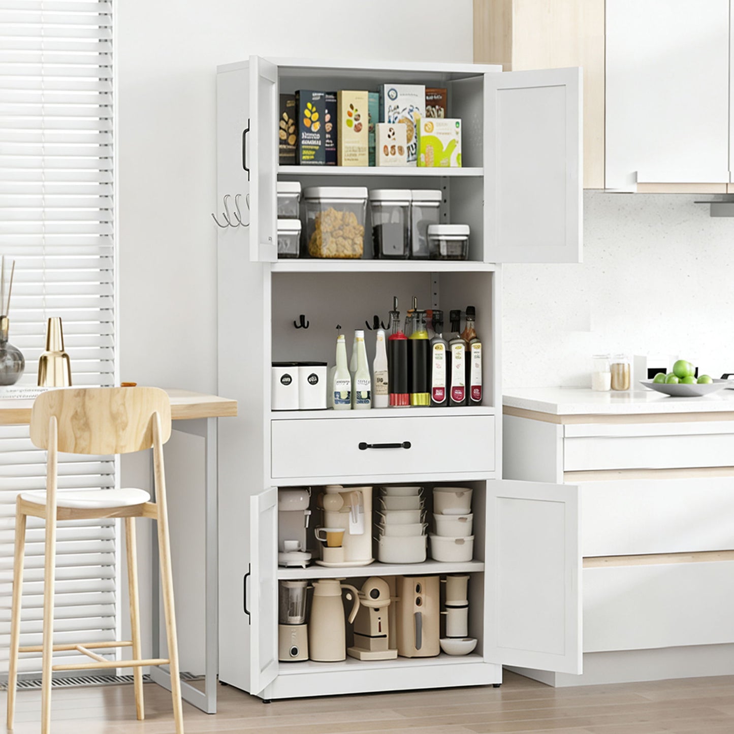 Kitchen Pantry Cabinet With Adjustable Shelves, Drawers, Hooks And Large Countertop - White