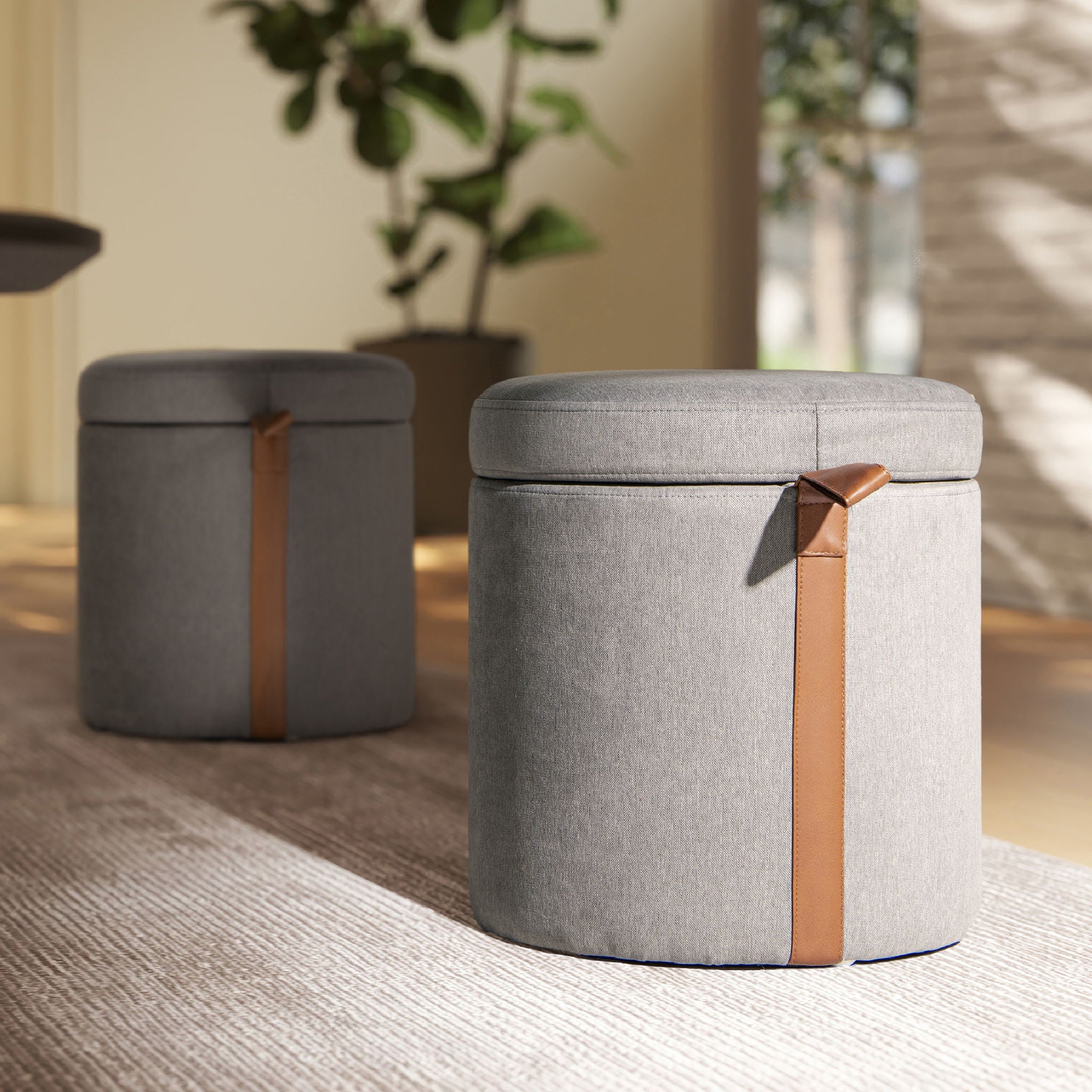Brandy - Round Upholstered Storage Ottoman With Accent