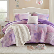 Cassiopeia - Full/Queen Watercolor Tie Dye Printed Quilt Set With Throw Pillow - Purple