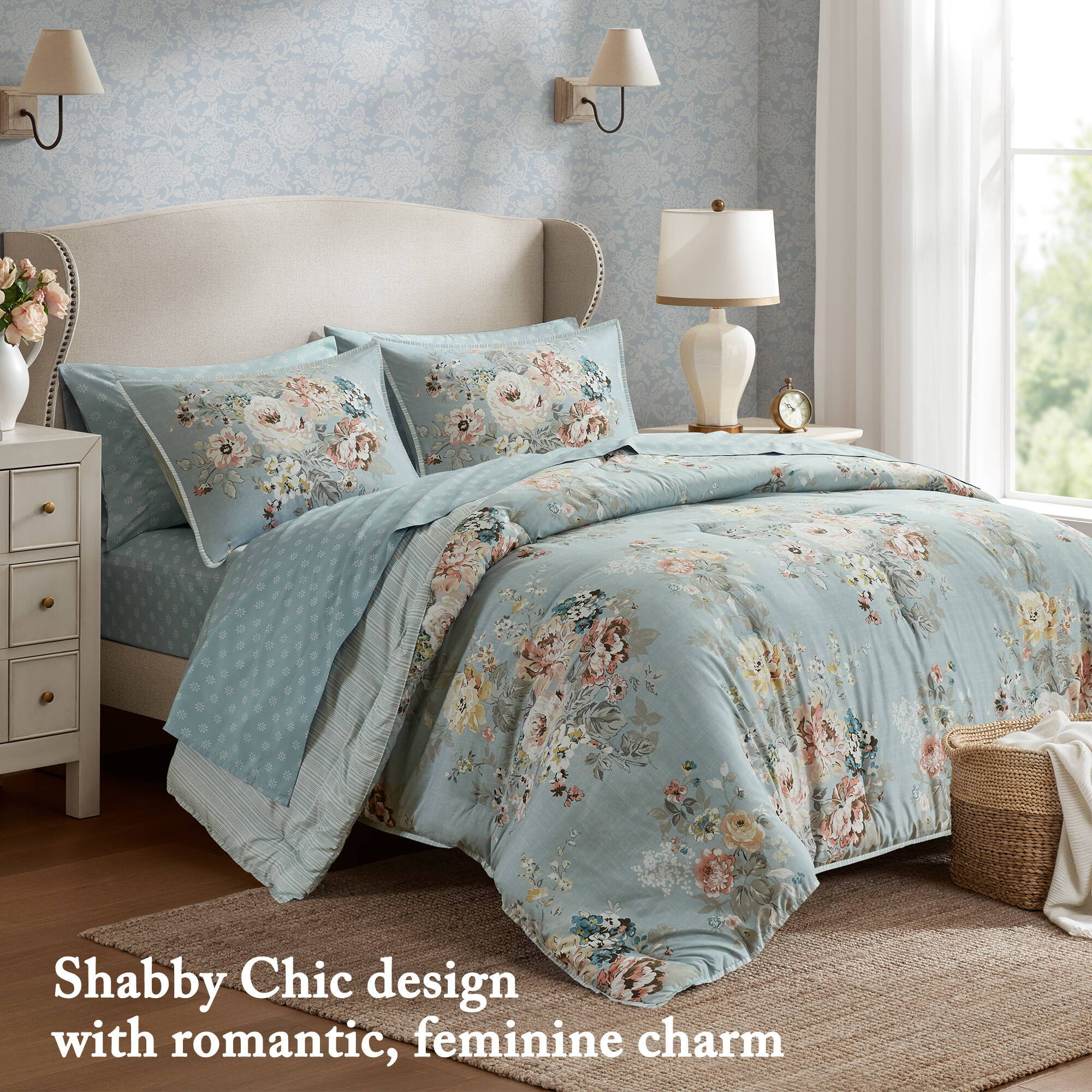 Heather - King 7 Piece Vintage-Inspired Floral Print - Soft Blue