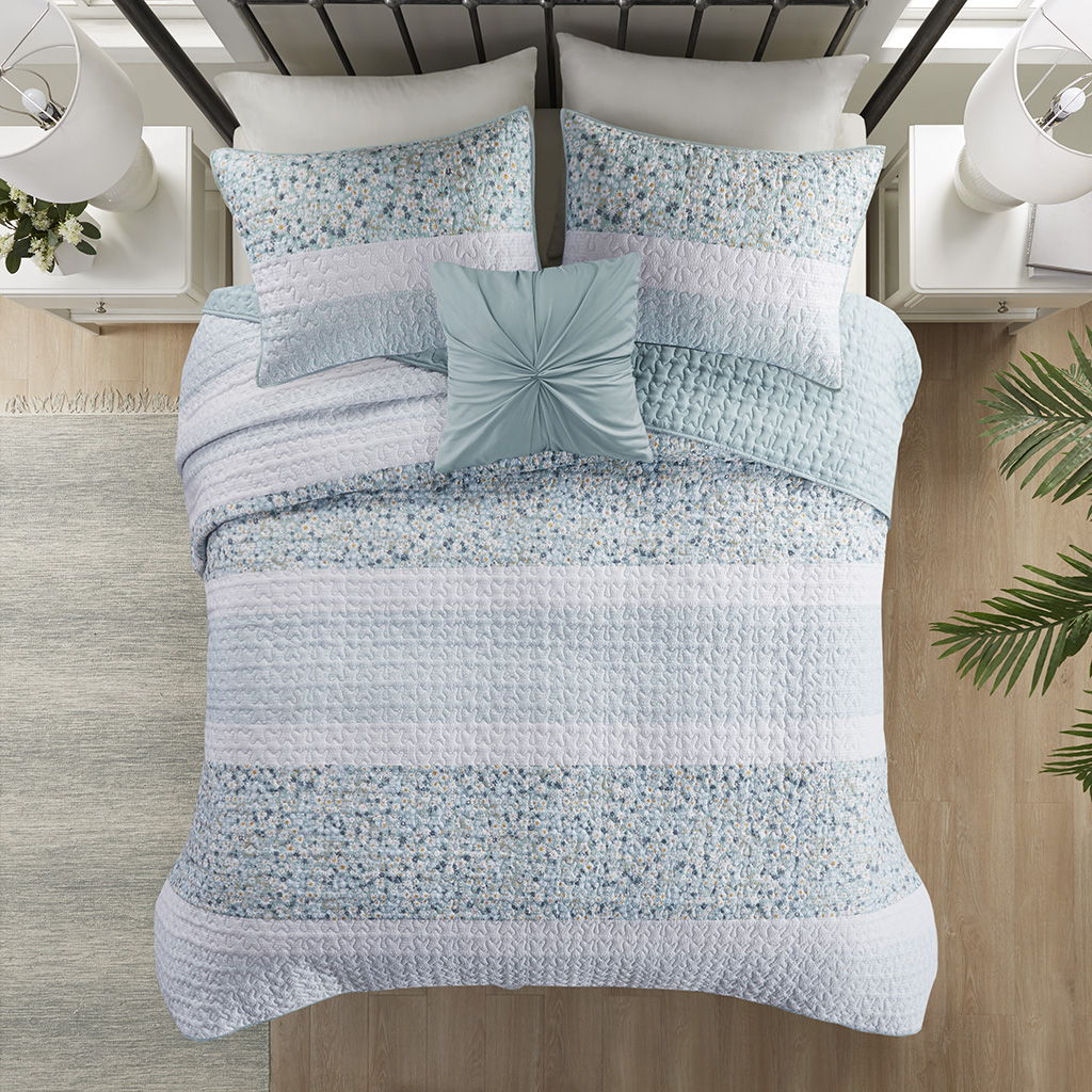 Caralie - 4 Piece King Seersucker Coverlet Set With Throw Pillow - Aqua