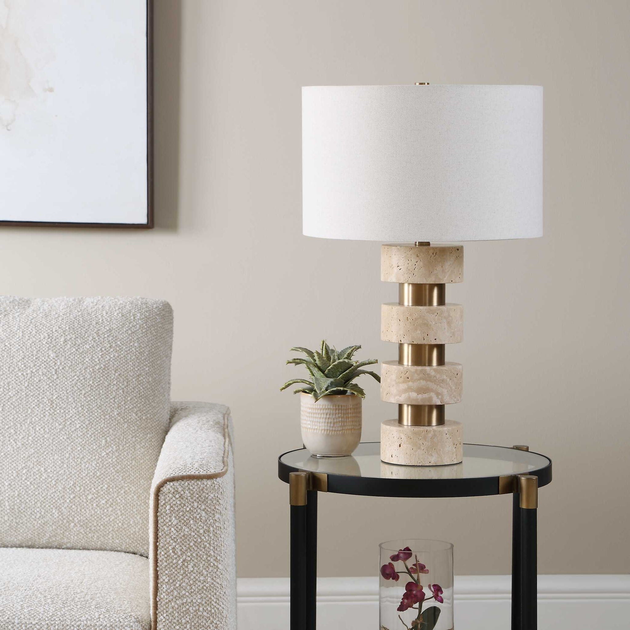 Makani - Travertine Table Lamp - Brass / Gold / White