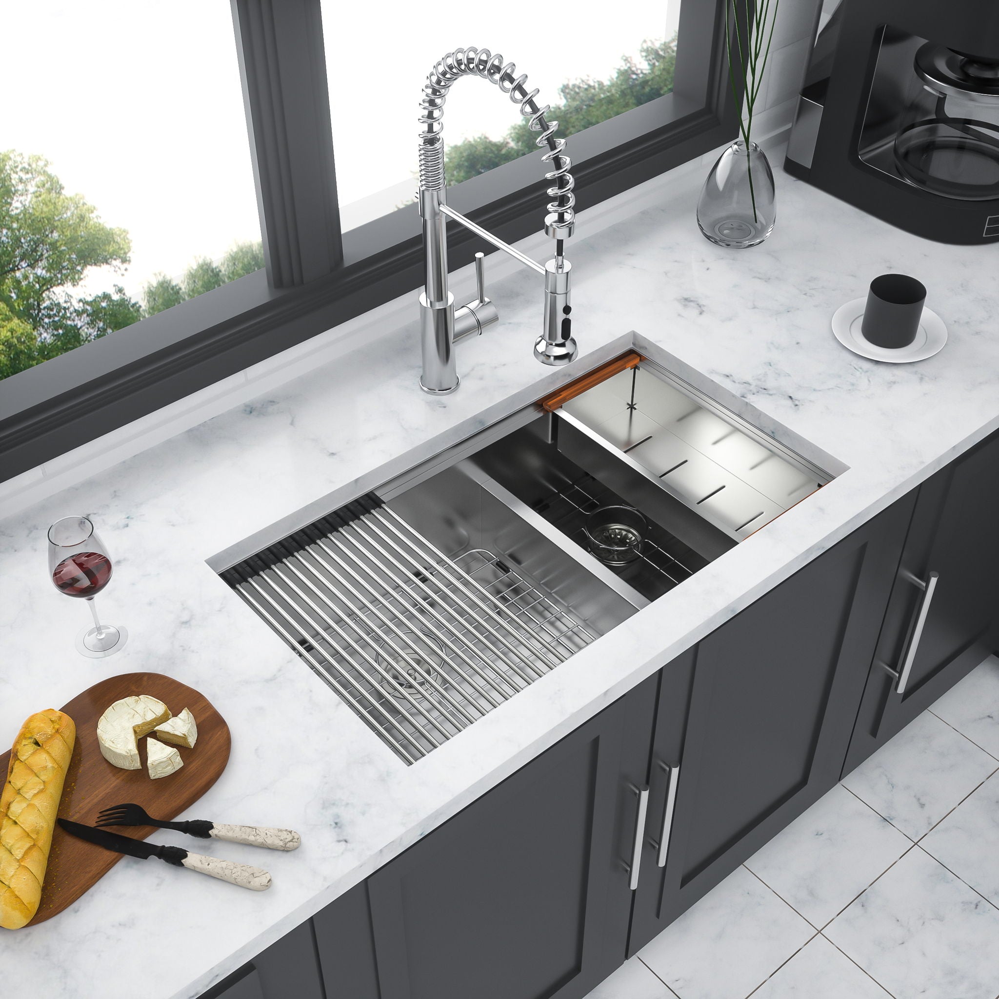 Modern Double Bowl Undermount Kitchen Sink 60 / 40 Split In Stainless Steel - White