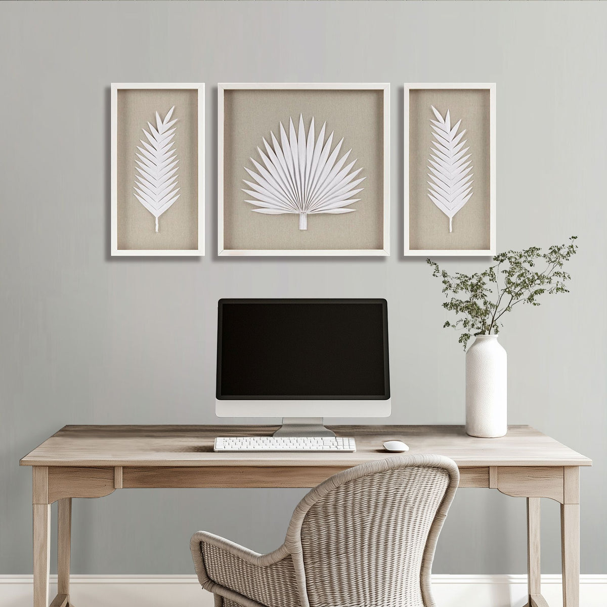 Sabal - Palm Rice Paper Framed Shadow Box (Set of 3) - Off White