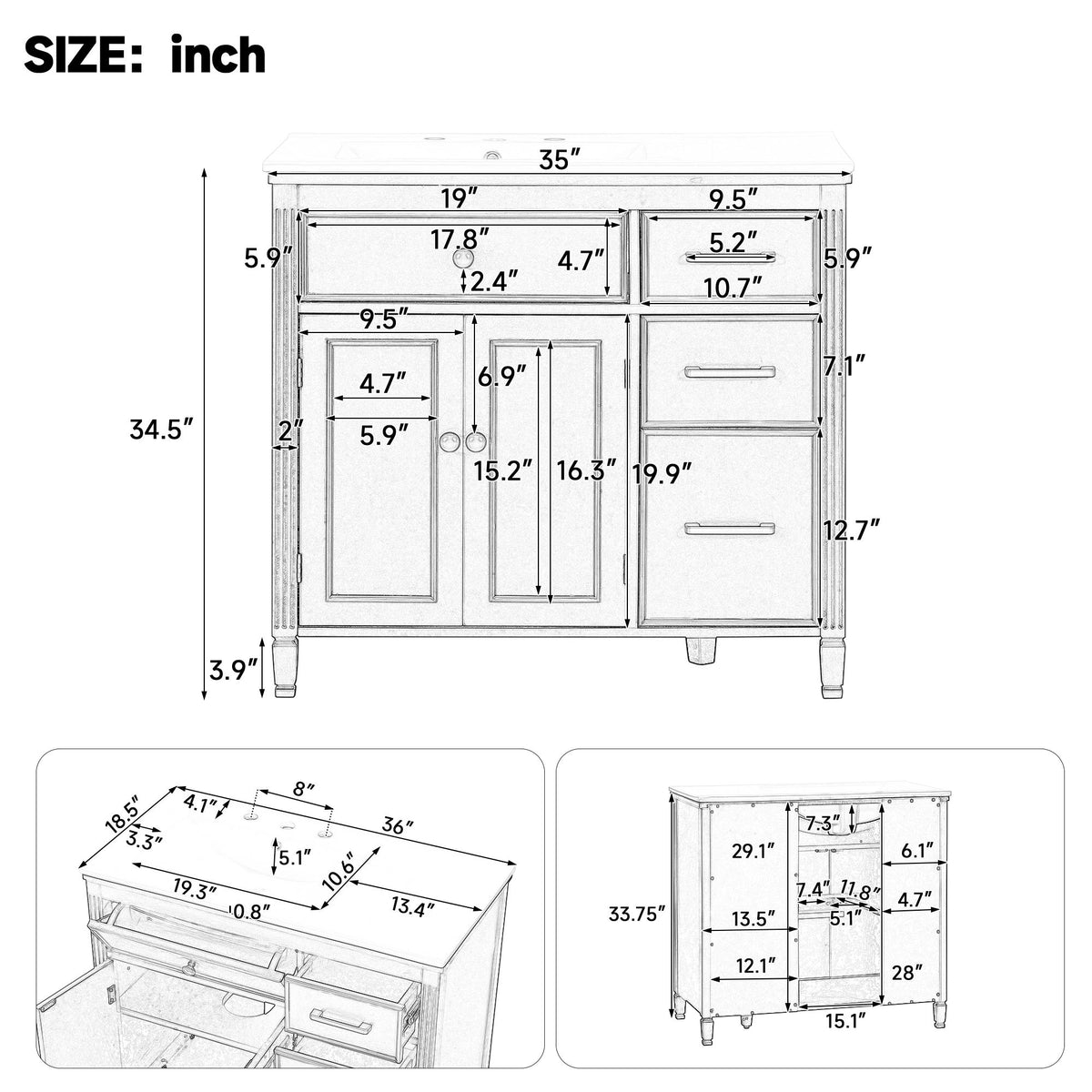 Bathroom Vanity With Sink Top, 3 Soft Closing Drawers