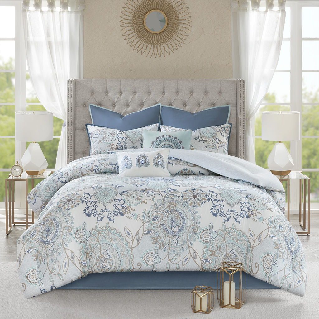 Isla - California King 8 Piece Printed Reversible Comforter Set - Blue