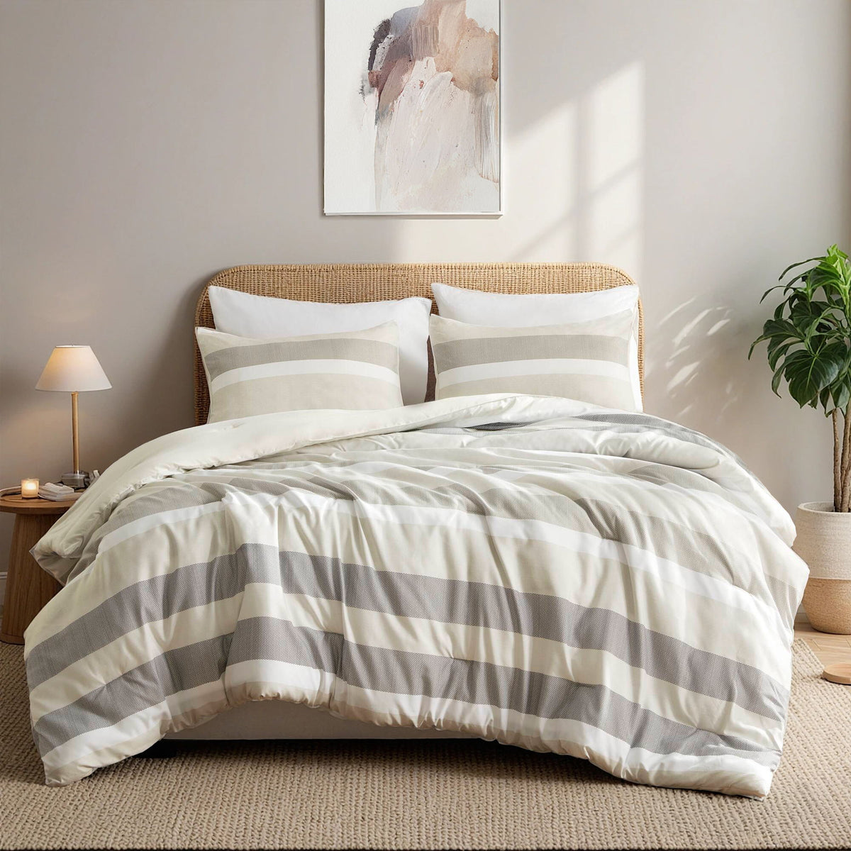 Blais - King Stripe Textured Print Comforter Set - Neutral