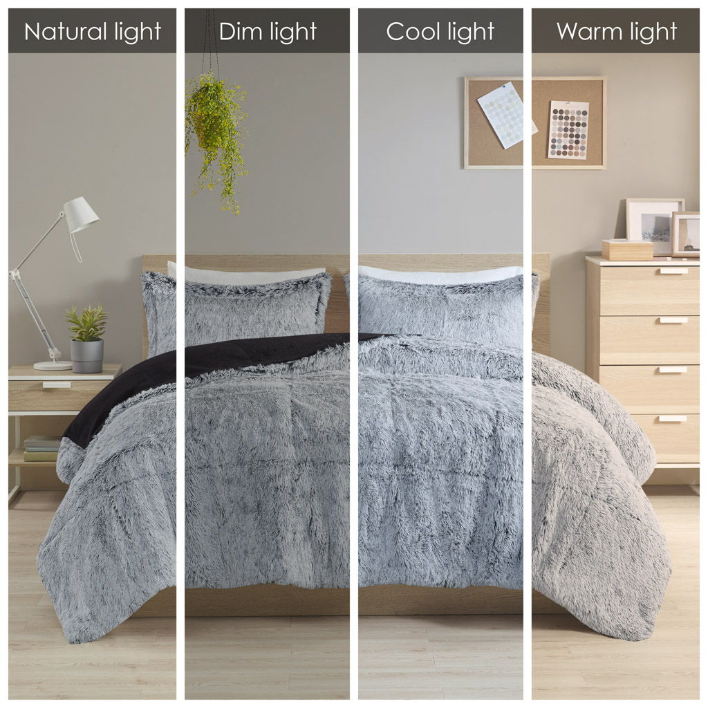 Malea - Shaggy Long Fur Comforter Mini Set - Black