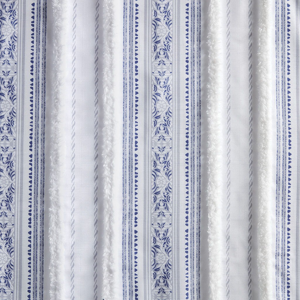 Veronica - 50x84" Poly Printed Curtain Panel With Tufted Stripe And Lining - White / Navy