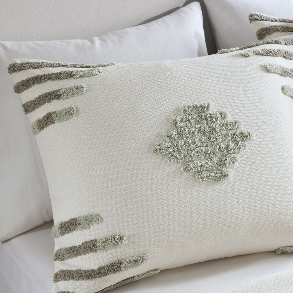 Tahli - 3 Piece Cotton Blend Chenille Duvet Cover Set - Green / Ivory