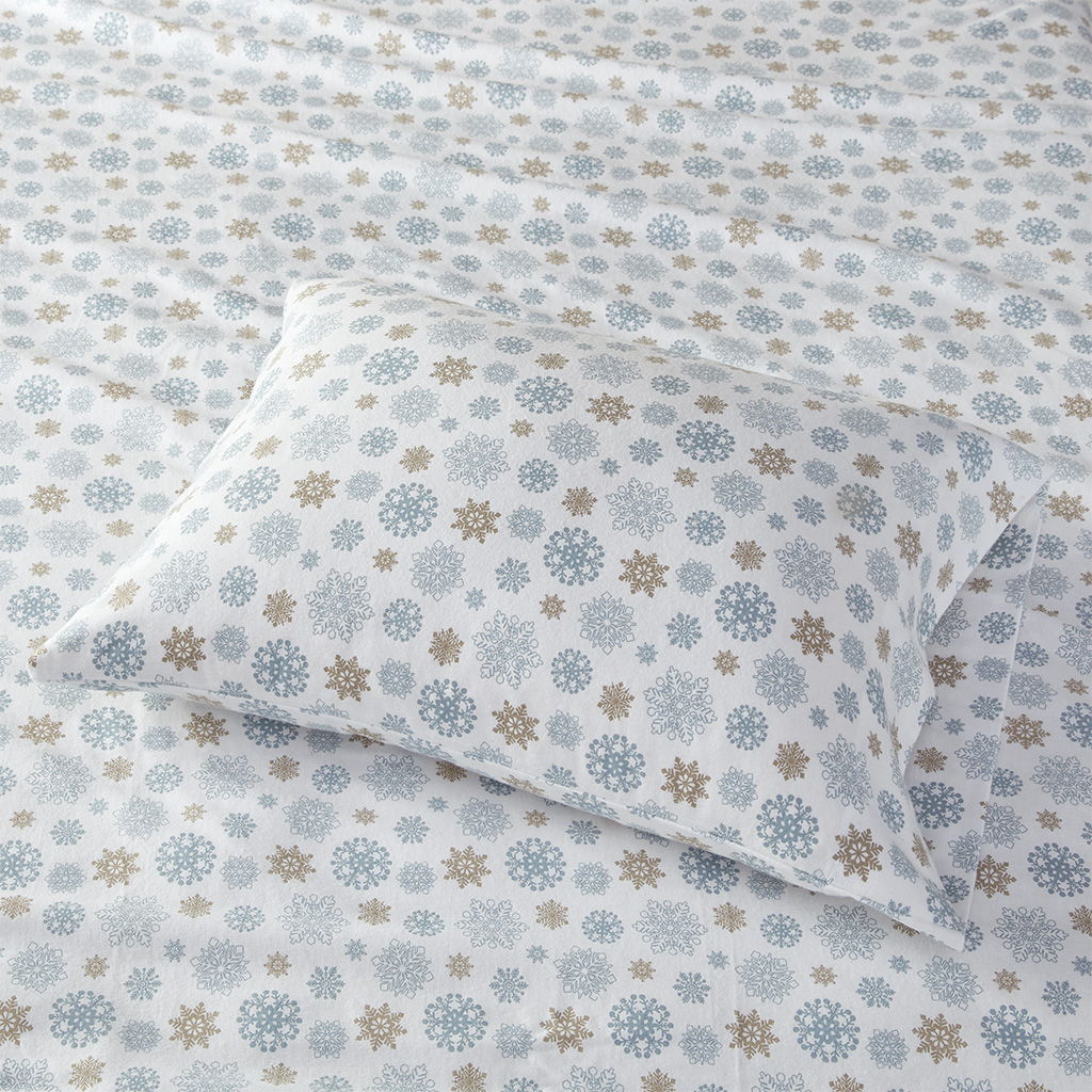 Cozy Cotton Flannel - Twin Sheet Set - Tan / Blue Snowflakes