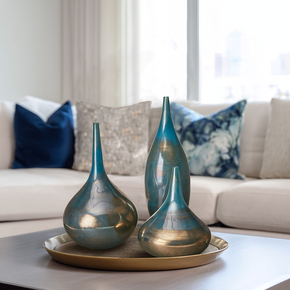 Lucia - Handmade Rainbow Vase (Set of 3) - Blue Metal