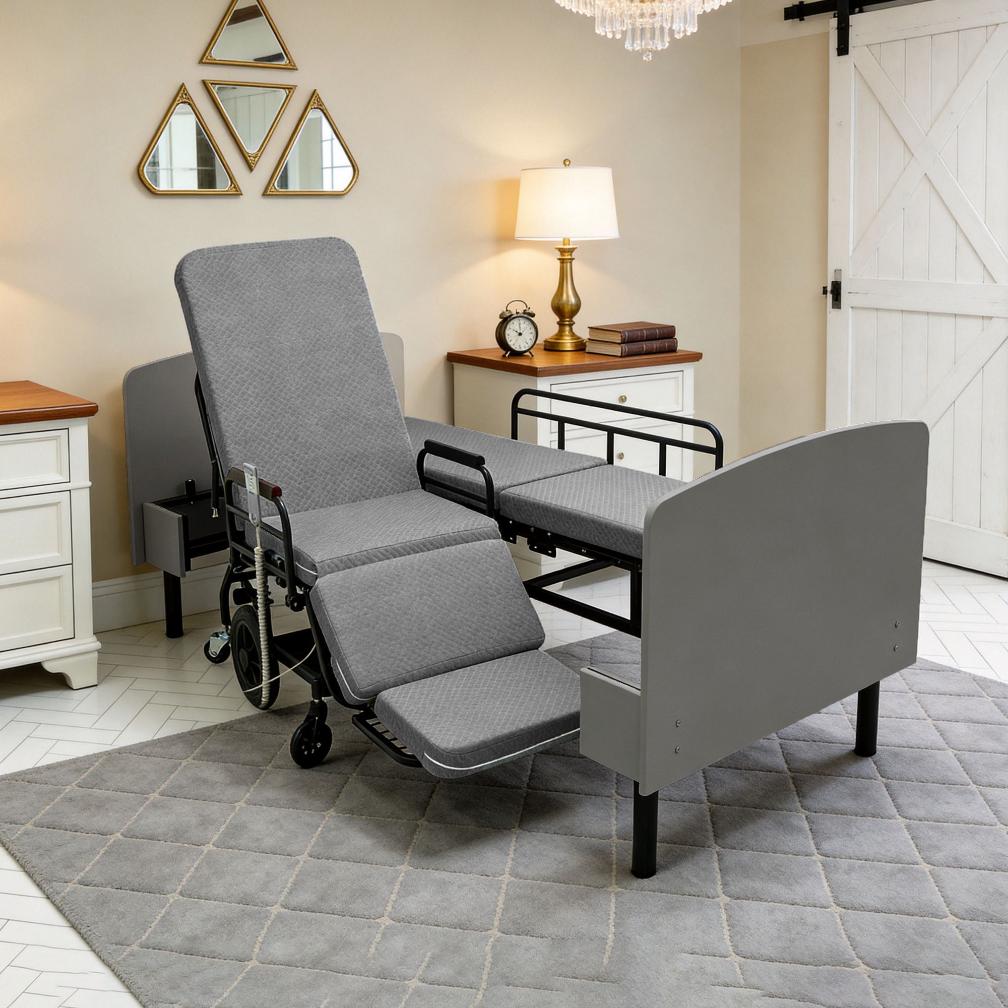 Dual Motor 3 In 1 Electric Nursing Bed Convertible To Wheelchair & Stretcher - Gray