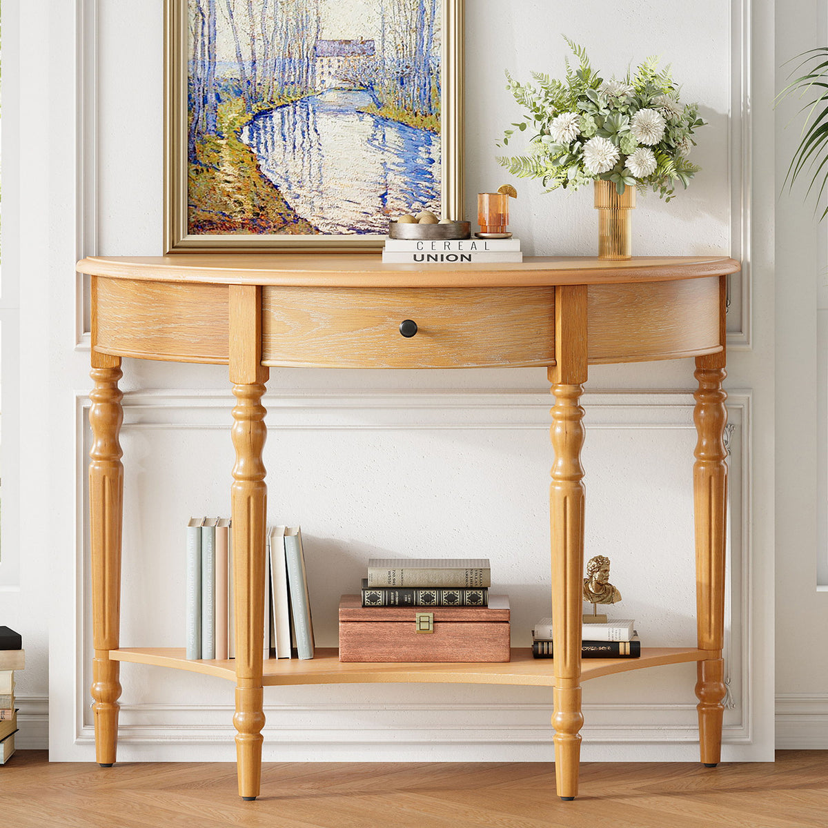 Half Moon Console Table With Drawer & Shelf