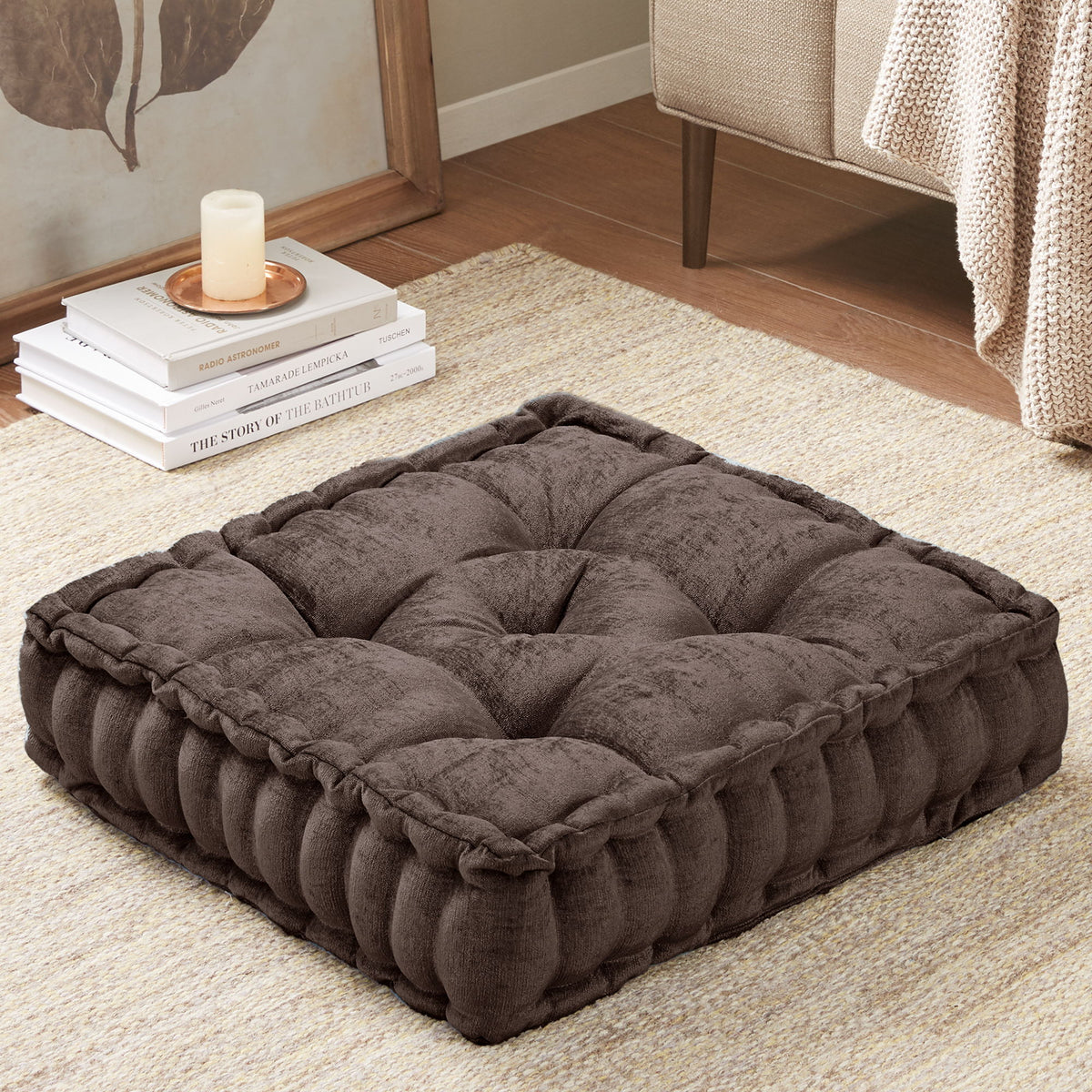 Azza - Poly Chenille Square Floor Pillow Cushion Compress Pack - Brown