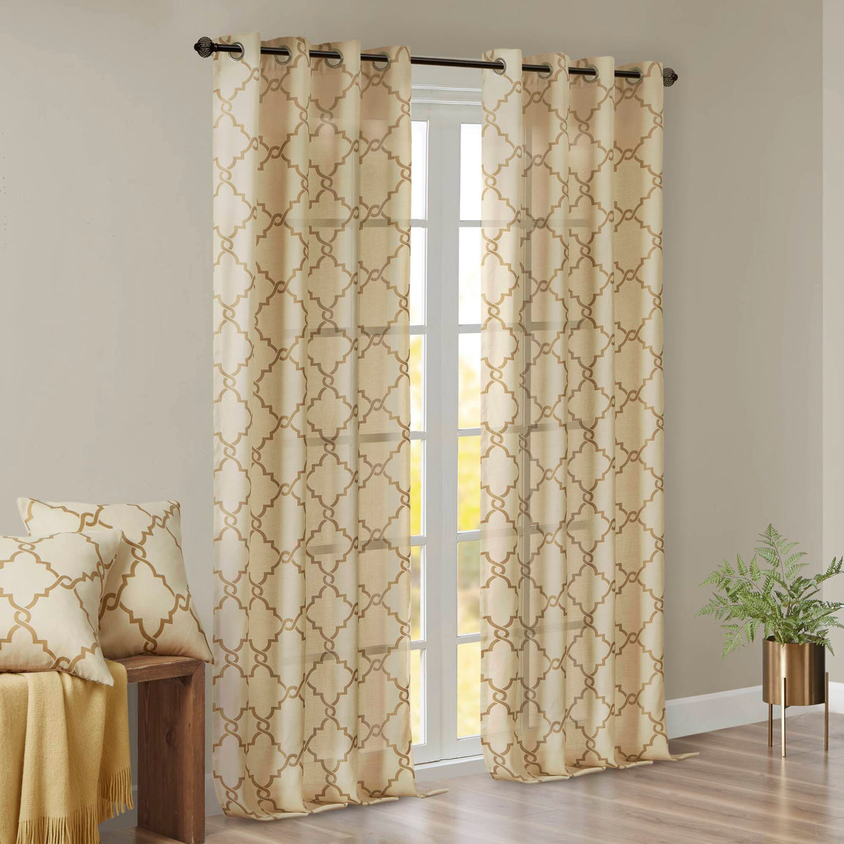 Saratoga - 84" Fretwork Print Grommet Top Window Curtain - Beige / Gold