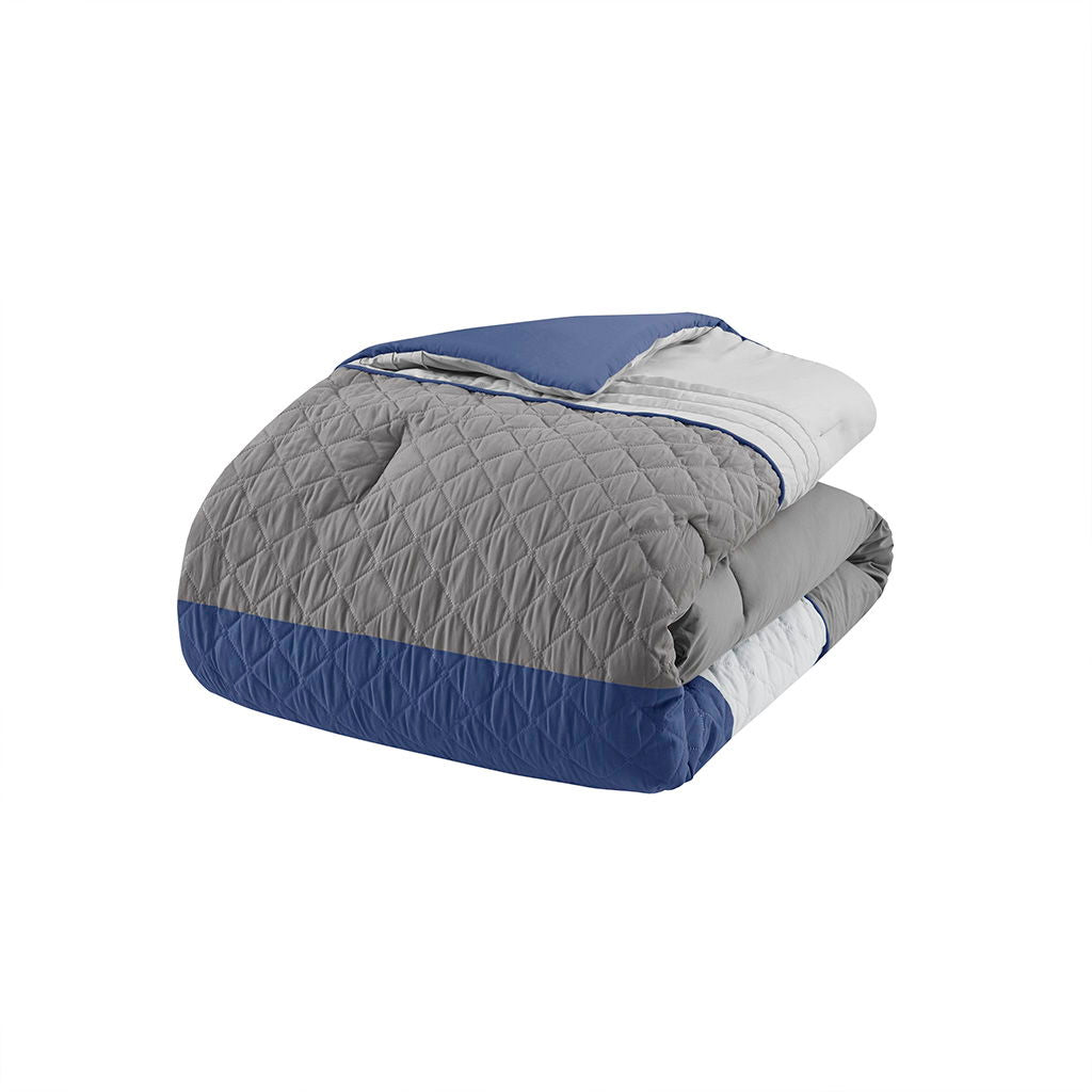 Jenson - 7 Piece Color Block Stripe Comforter Set With Throw Pillows - Blue / Gray