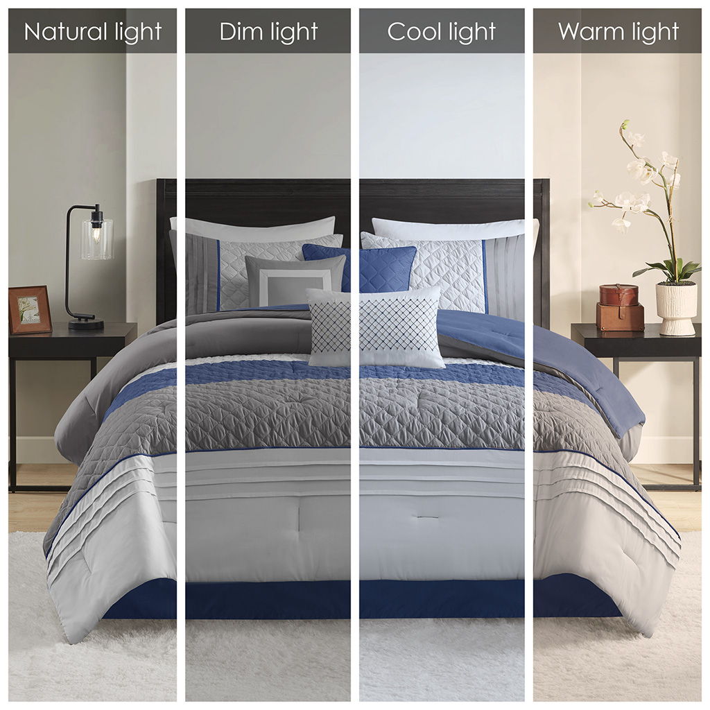 Greer - 7 Piece King Color Block Stripe Comforter Set With Throw Pillows - Blue