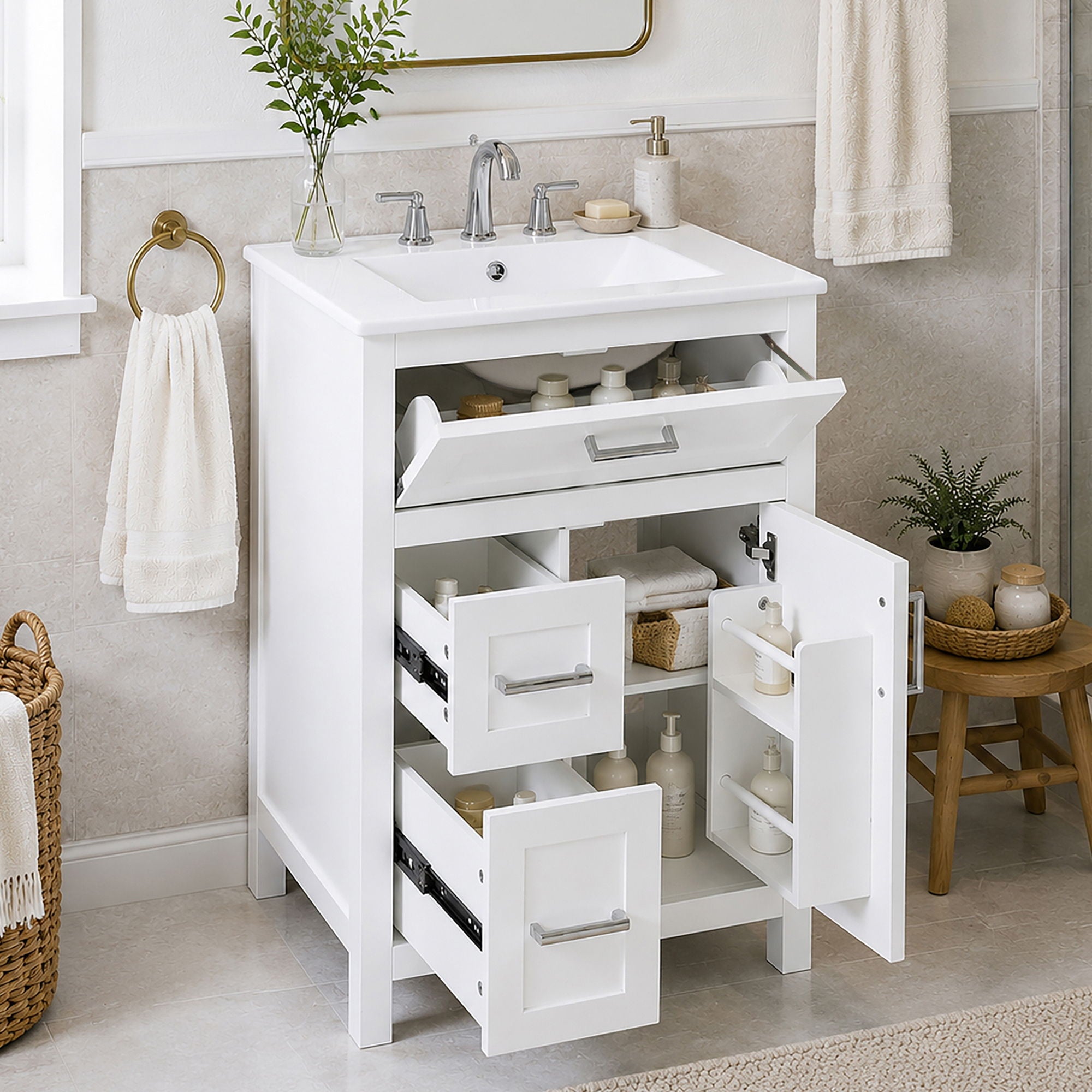 Modern Bathroom Vanity With Sink, Flip Drawer & 2 Drawers, Soft Close Hinges, Adjustable Shelf
